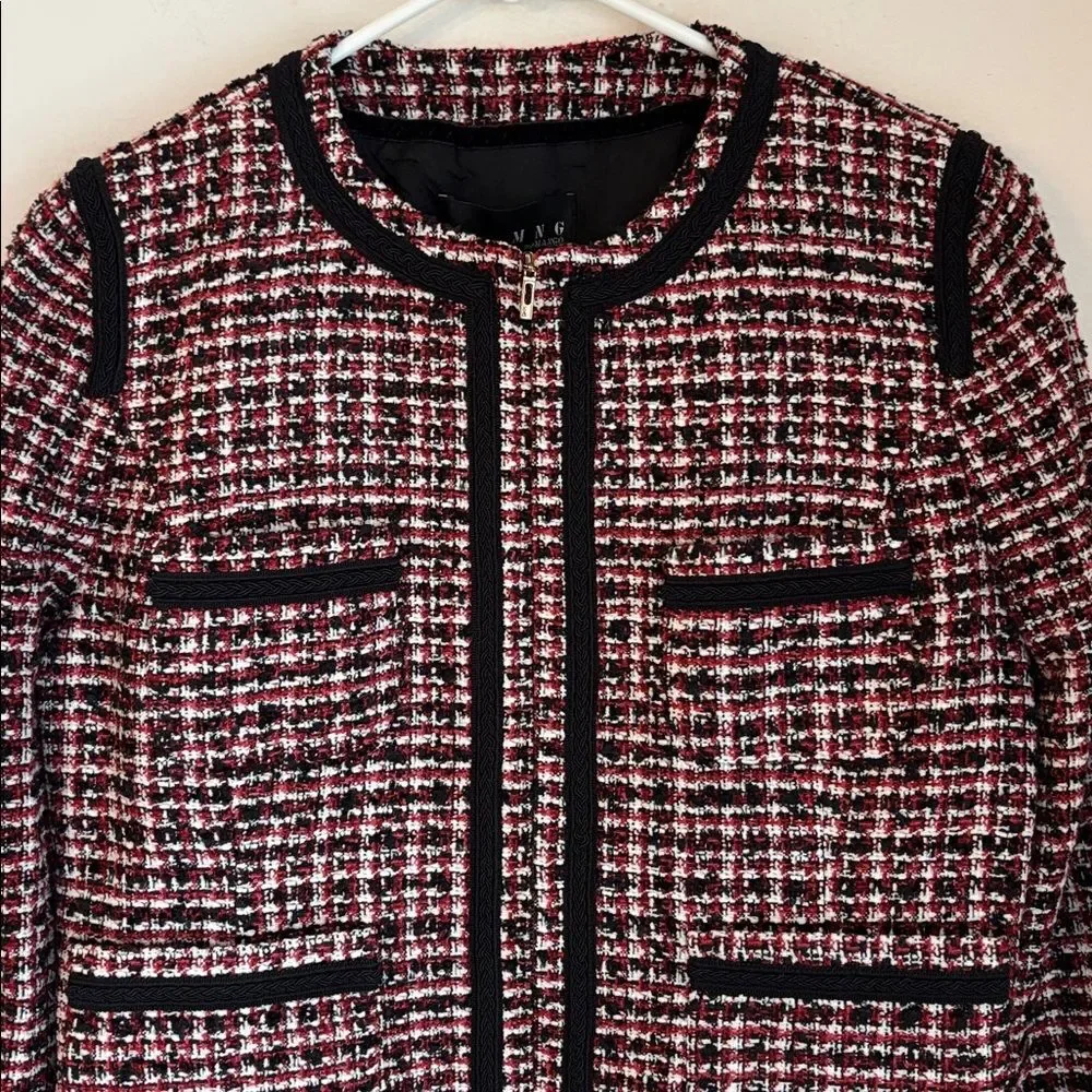 Mango Tweed cropped boxy Black red white full zip Blazer suit jacket women 8 EUC